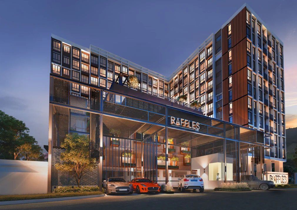 Raffles 188 luxury condominium illuminated at dusk on Tiger Lane, Ipoh