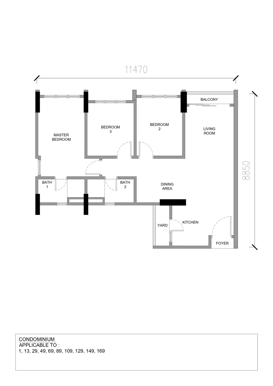 Raffles 188 Type B 3 bedroom floor plan, 888 sq ft